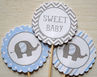Elephant Cupcake Toppers - Elephant Baby Shower Cupcake Toppers - Elephant Baby Shower Decorations - Blue and Gray Elephant Cupcake Toppers