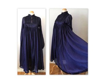 Vintage 70s Chic Boho Gauze Dress M Dk Blue with Golden Metallic Flecks NOS