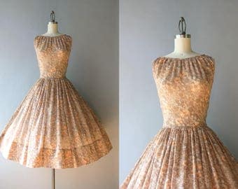 Vintage 1950s Dress / 50s Sheer Floral Sundress / 1950s Full Skirt Cocoa Floral Cotton Dress M medium S/M