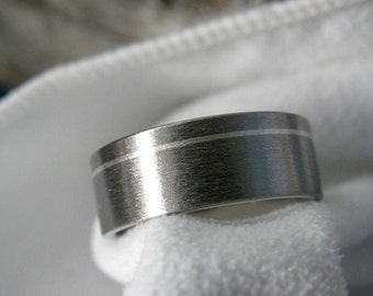 Mens Ring, Wedding Band, Titanium with Offset Sterling Silver Pinstripe, 8mm size 12, Clearance