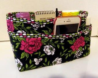Purse Organizer Insert/Enclosed Bottom 4" Depth/ Black and Rose Floral Print