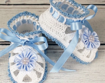 Crocheted White & Blue Baby Booties Sandals - 3-6 mos.