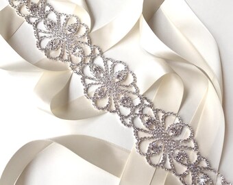 Sash - Fascinating Rhinestone Bridal Belt Sash in Silver - White Ivory Silver Satin Ribbon - Crystal Wedding Sash - Extra Long Wedding Belt