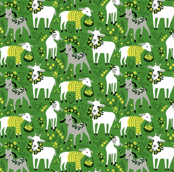 Goat Floral Fabric Little Goats In The Garden By