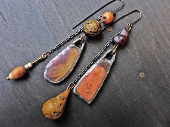 Rustic assemblage earrings in earthy orange - "When you Appear" 