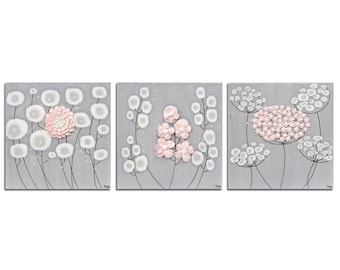 Pink and Gray Nursery Wall Art Flower Paintings - Three Square Canvases for Baby Girl - Medium 32x10