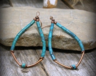 Turquoise Earrings, Hoop Earrings, Long Dangle Earrings, Southwestern Jewelry, Tribal Jewelry, Bohemian Earrings, Boho Earrings