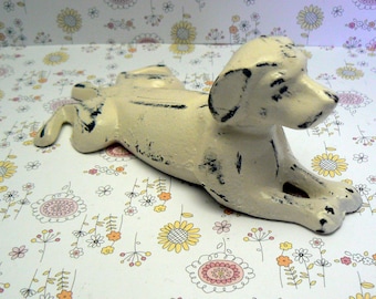 Dog Door Stop Cast Iron Shabby Style Chic Creamy Off White Cream Dachshund Doggie Doorstop Prop Puppy Animal Canine Figurine Vet Groomers