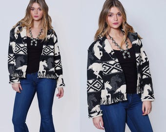 Vintage 90s HORSE Print Jacket WOVEN Cotton Southwestern Jacket Tribal FRINGE Jacket