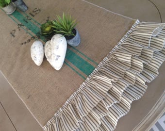 French Grain Sack Burlap Table Runner with Stripe Ticking Ruffles