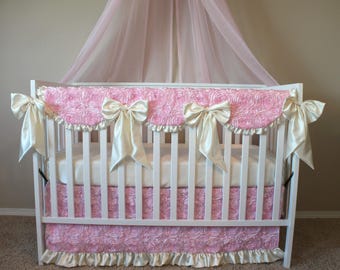 Rosette Swirl in Soft Pink and Ivory - Custom Crib Bedding Set - Pink Ruffled Baby Girl Bedding