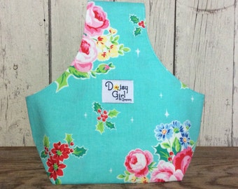 Knitting on the Go Wristlet, knitting bag, yarn holder Christmas aqua floral