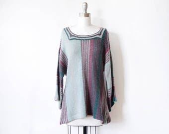 70s boho sweater, vintage 1970s bell sleeve sweater, striped hippie knit top, large l