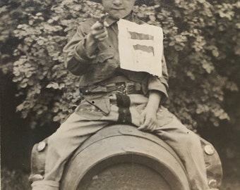 RPPC Real Photo POSTCARD of Boy with Flag and Cap Gun -- Spanish American War Costume