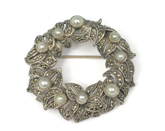 Judith Jack Brooch Marcasite Faux Pearl Sterling Wreath Circle Pin Vintage