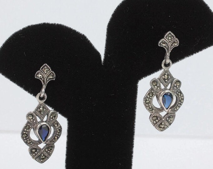 Sterling Marcasite and Blue Stone Dangle Earrings Posts Vintage Signed CW