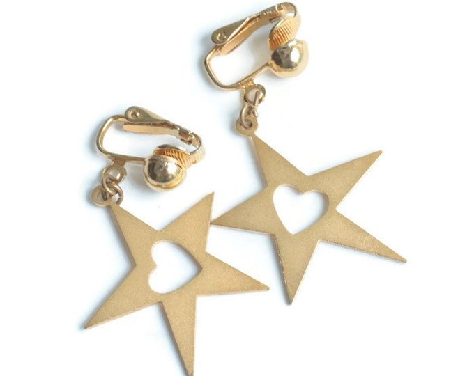 Star Dangle Earrings Heart Cut Out Gold Tone Clip On Vintage