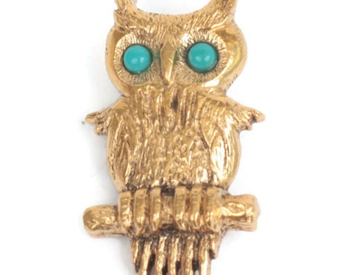 Designer Owl Pin Turquoise Eyes Gold Tone Vintage Figural Bird