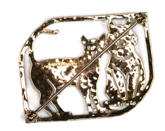 Gold Plated Cats Brooch Pin Hammered Finish Wild Bryde Vintage