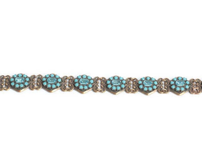 Turquoise Bead and Rhinestone Link Bracelet Filigree Repousse Design Vintage