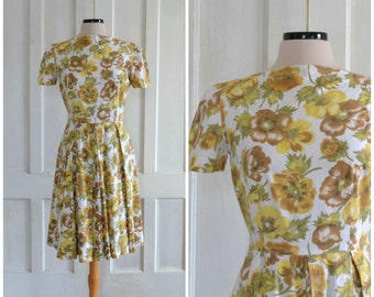 50s Floral Cotton Dress 60s Day Dress Full Skirt Boat Neck Dress