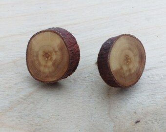 Apple Wood Earrings, Wood Fake Gauge Earrings, Rustic Tree Slice Stud Earrings