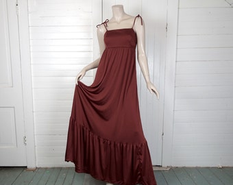 70s Maxi Dress in Rust Brown- 1970s Empire Waist Prom / Sun Dress- Disco / Boho