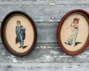 Antique Needlepoint Picture Victorian Pinkie and Blue Boy Oval frames