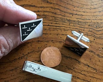 Vintage Swank Cufflinks & Matching Tie Clip Silver Metal