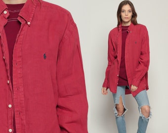 Ralph Lauren Shirt 90s Red Shirt Grunge Polo Sport Oxford 1990s Long Sleeve Boyfriend Button Up Vintage Retro Oversize Large