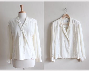 Vintage Long Sleeve Ivory Crepe Chiffon Sheer Button Up Top