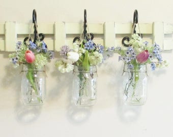 New...Unique Rustic Wood Shelf...Farmhouse Wall Decor...3 Hanging Mason jars. Handmade Painted Lattice Fence