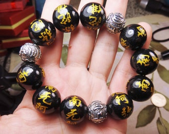 Natural Genuine A Jadeite Jade Dark Green Ink Carved Round Buddha Bracelet