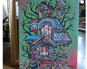 Gardeny Mansion, Original Acrylic Painting -Home Tree Home- by Buzz Parker 11x14 Treehouse Forest Landscape Escape House