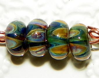 Teal Green & Blue Boro Lampwork Round Beads - 4 Pieces Lot