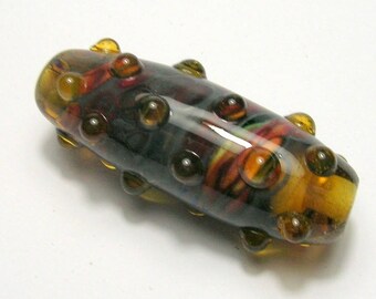 Brown Swirl Focal Bead - Raised Dot Handmade Lampwork Glass Bead - Large Tubular Lampwork Focal