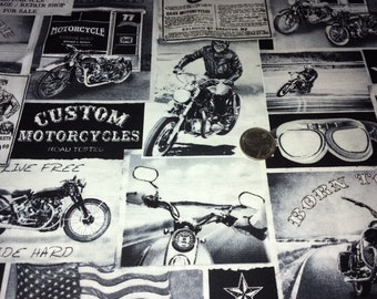 Motorcycle Fabric, 1 Yard, Biker Lane News, Fine Quilt Fabric, Timeless Treasures Fabric, C3646-NEWS, Black on Cream, Motorcycle, Ride