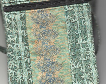 Cell Phone Bag - Quilted Cotton, Long Strap, Turquoise Bamboo - Fits iphone
