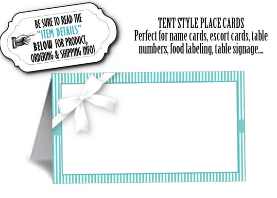12 Tent Style Place Cards, Food Buffet Table Cards, Aqua Color Scheme, Stripes, Wedding, Bridal Shower, Baby Shower, Birthday Il_570xn
