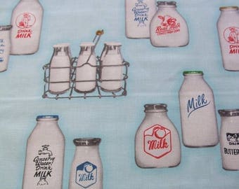 Down on The Farm Aqua Milk Bottles Retro Robert Kaufman Fabric Yard