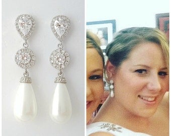 Pearl Earrings Bridal Jewelry Pearl Wedding Jewelry Cubic Zirconia Posts Pearl Large Teardrops Crystal Wedding Earrings, Mila Earrings