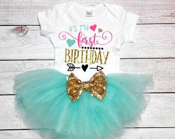1st birthday girl outfit 1st birthday outfit Mint and Gold outfit Gold Bow- Cake Smash - 1st Birthday Girl Outfit- First Birthday Outfit