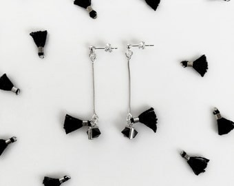 Black Onyx Earrings, Silver Chain Tassel Earrings, Minimalist Geometric Statement Earrings