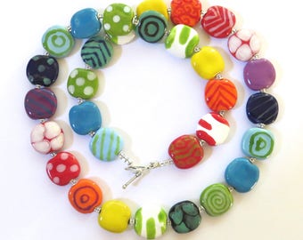 Kazuri Bead Necklace, Rainbow Colored Necklace, Fair Trade Beads, Ceramic Jewelry