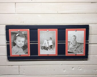Distressed wood picture frame triple 4x6 navy blue and coral