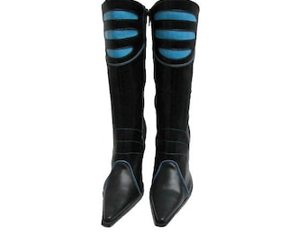 Cyber Goth Boots Vintage Womens Black and Blue Leather Club Kid Boots Made In Spain Euro Size 40 Fits Wms US Size 9