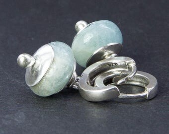 Ready to Ship: Aquamarine Hoop Earrings. Petite Sterling Silver Earrings. March Birthstone. Raw Aquamarine Jewelry. Women. Gift Under 50