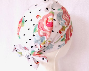 Surgical Scrub Cap - Tie back , Scrub Hat, Floral Modern Print, Polka Dot, White, Pink, and Black, Operating Cap