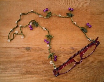 eyeglass chain, green, purple cherry, lanyard, chain for glasses
