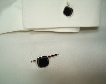 Vintage Spring Loaded Black and Silver Cufflinks.